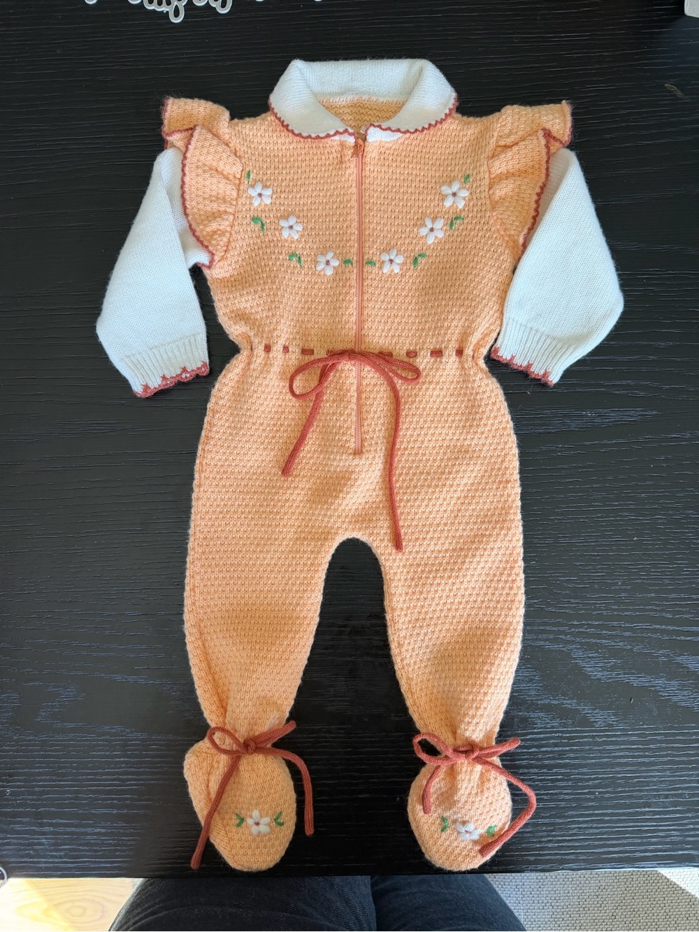 Vintage Peach and White Knit Floral Baby One-Piece